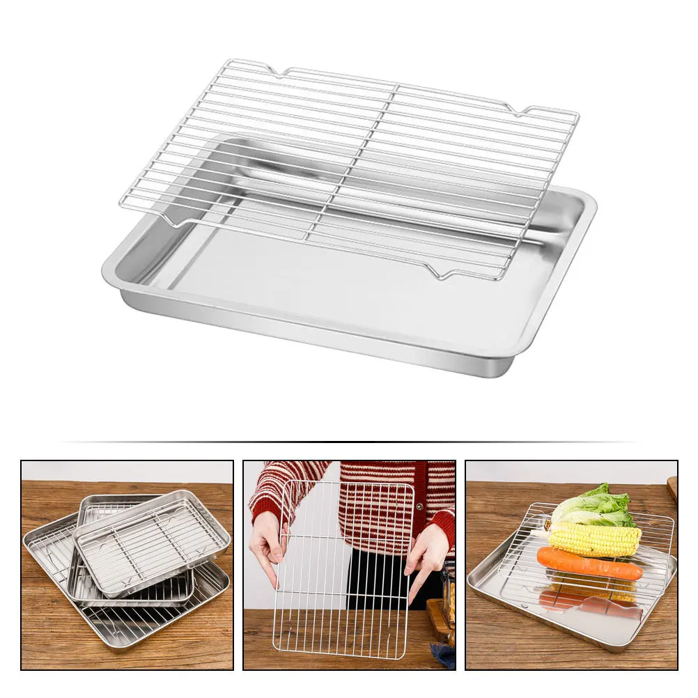 

1 set 1 Set Of Stainless Steel Food Tray Large Square Grid Oil Drain Plate For Oven Fryer Microwave Baking Cooking Snack Storage