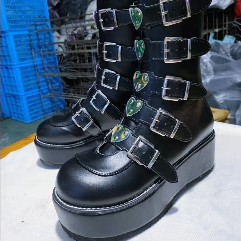 Autumn Winter Plus Size 43 Fashion Cool Street Buckles Goth Winter Platform Motorcycles Boots Halloween Cosplay Black Woman Shoe