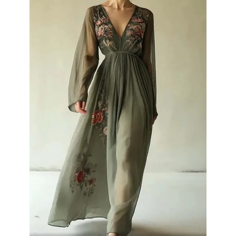   Abbigliamento da donna Tendenza Primavera Manica lunga Abiti da sera a vita alta Abito da vacanza Boho stampato floreale con scollo a V sexy