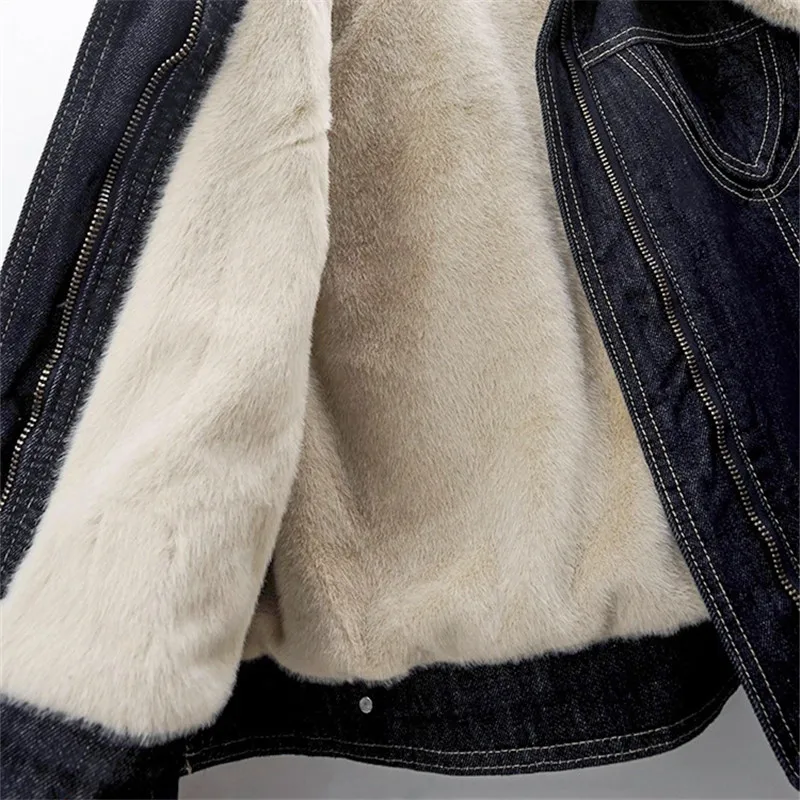 

Winter Korean Women Short Denim Jacket Light Blue Cowboy Outerwear Loose Thick Warm Faux Mink Cashmere Liner Jeans Jacket Coat