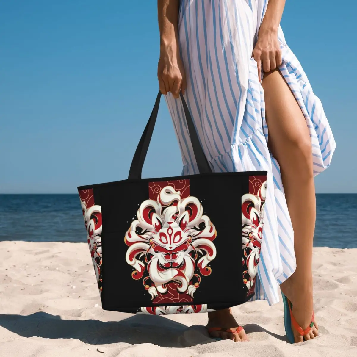 Fox Spirit Kitsune Japanese Kabuki Beach Tote Bag Sport Gym Yoga Duffle Large Tote Bag Women Travel Bag Fitness bag