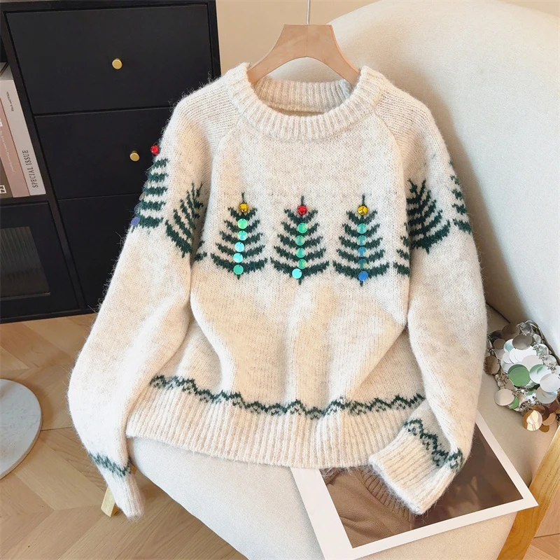 

Винтажный свитер с блестками, женский красный вязаный пуловер с рождественским принтом, Harajuku, корейский трикотаж, зимние свободные джемперы с длинными рукавами