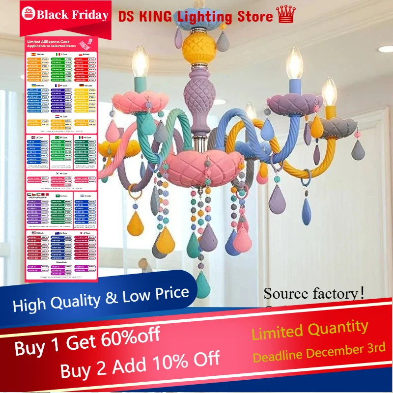 European Candle Lamp Colorful Crystal Chandelier Decoration Living Room Girl Princess Bedroom Macaron Pendant Light