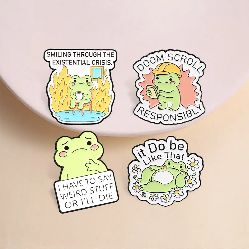Funny Overthinking Frog Enamel Pin Doom Scroll Smiling Through The Existential Crisis Brooch Sarcastic Slogan Badge Jewelry Gift
