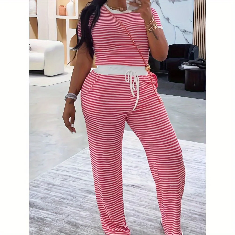 

Повседневный укороченный топ с короткими рукавами и прямыми брюками с круглым вырезом и принтом в полоску, дорожный комплект из двух предметов