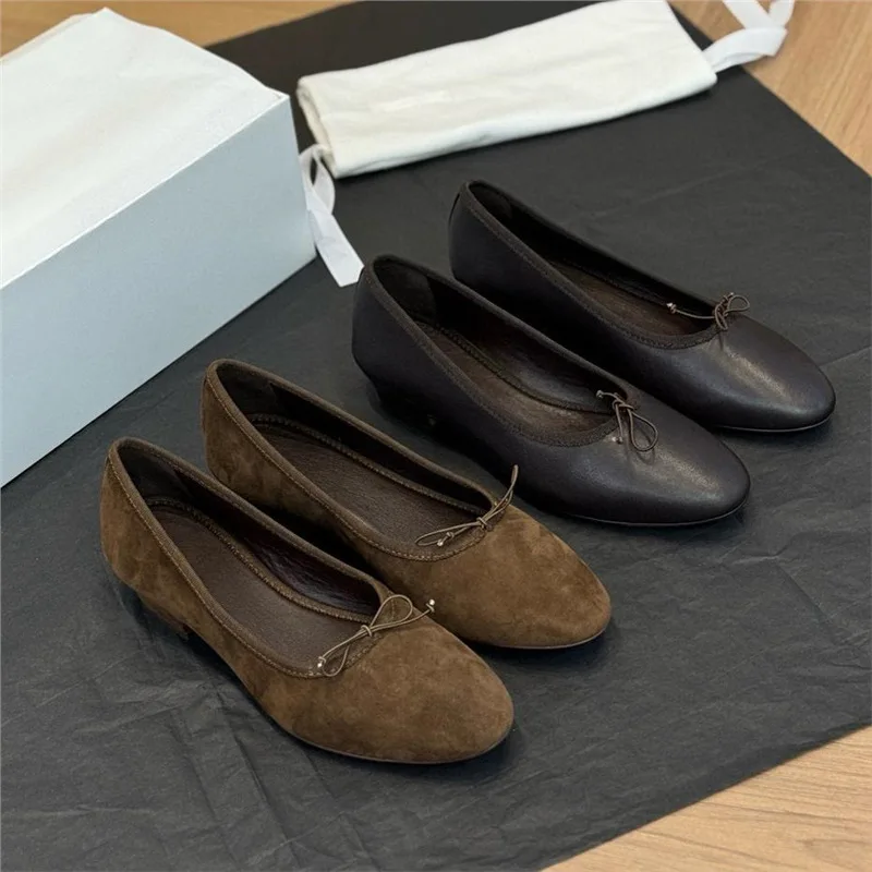 Dave&di Minimalist French Retro Suede Women's Shallow Mouth Minimalist Scoop Shoes Low Heel Genuine Leather Soft Leather Shoes