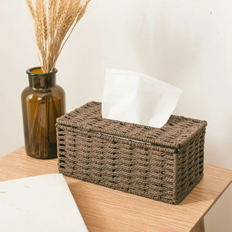 Rattan Tissue Box Vintage Napkin Holder Case Clutter Storage Container Cover Living Room Desk Decoration