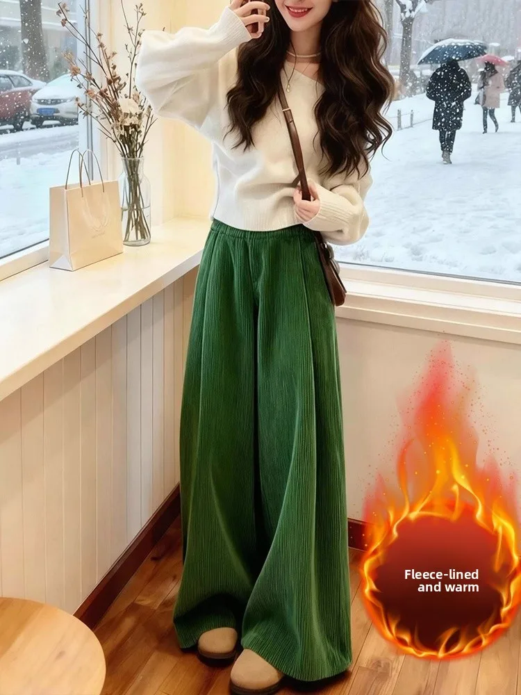 Pantalones anchos de pana verde para mujer, estilo holgado, forrados de lana, cálidos, rectos, casuales, para otoño e inviern...