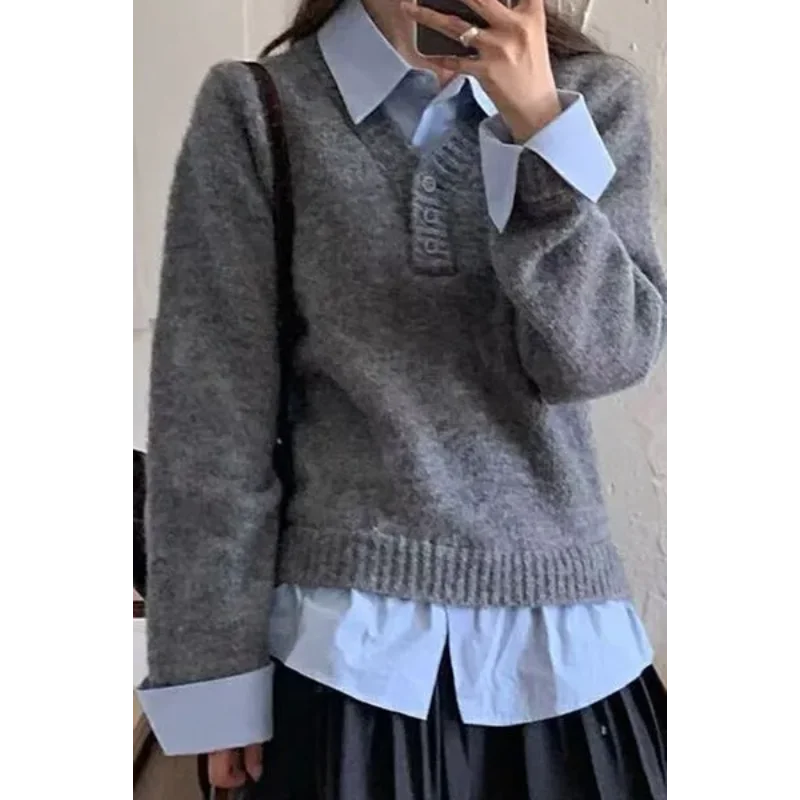 

Shirt Collar Fake Two-piece Sweater for Women Autumn and Winter 2025 New Loose Style Knitted Splicing Lapel Top