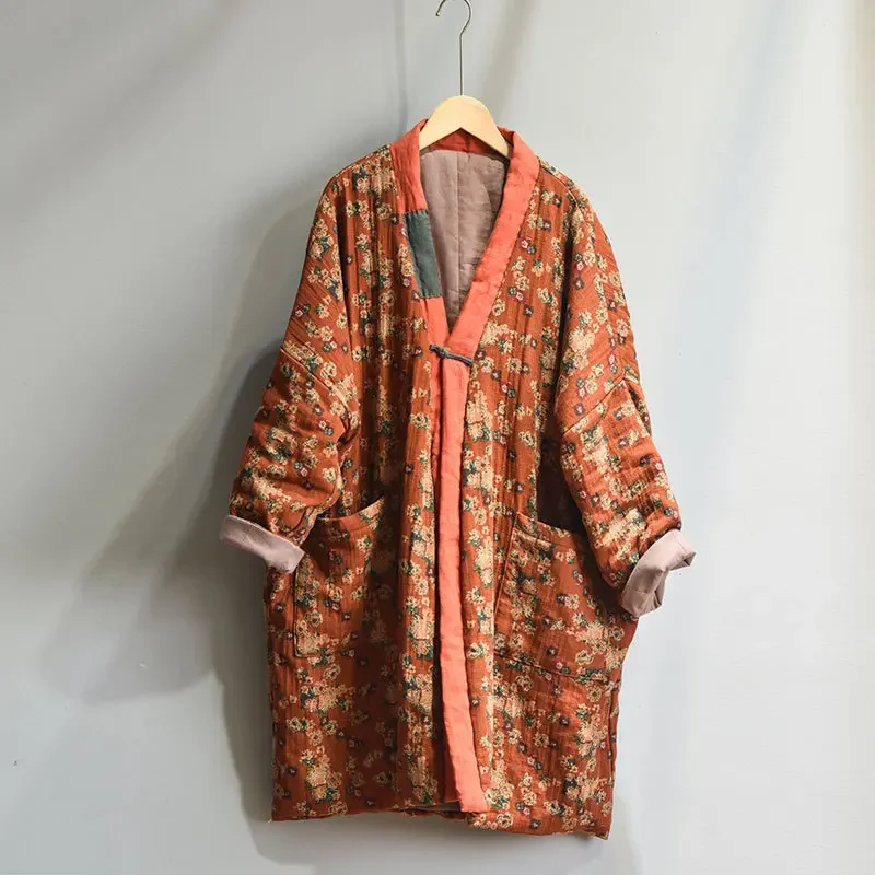 Abrigo largo de algodón con estampado Vintage para mujer, chaqueta acolchada de algodón, manga larga, Parka cálida con botones, ropa de invierno,