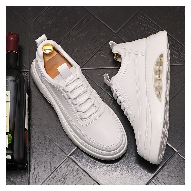 British style mens casual white shoes lace-up genuine leather flats shoe comfortable air cushion sneakers platform footwear male