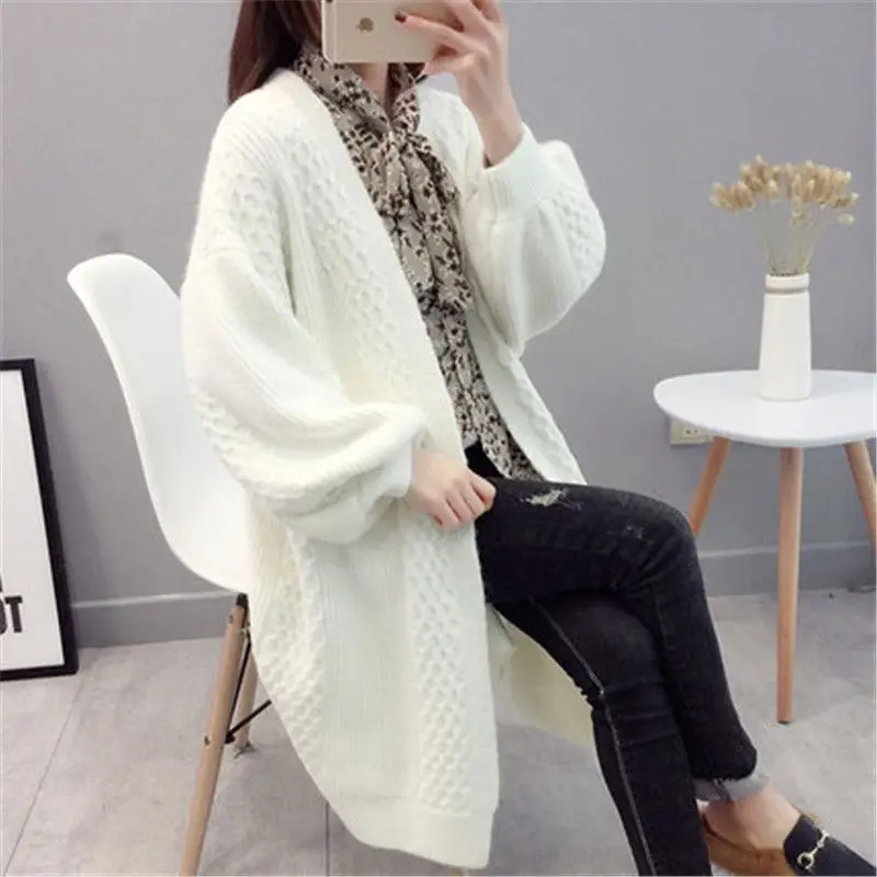 Women\'s Vintage Solid Color Sweater Cardigan 2023 Autumn and Winter Korean Loose Long Sleeve Office Lady V-Neck Knitted Coat