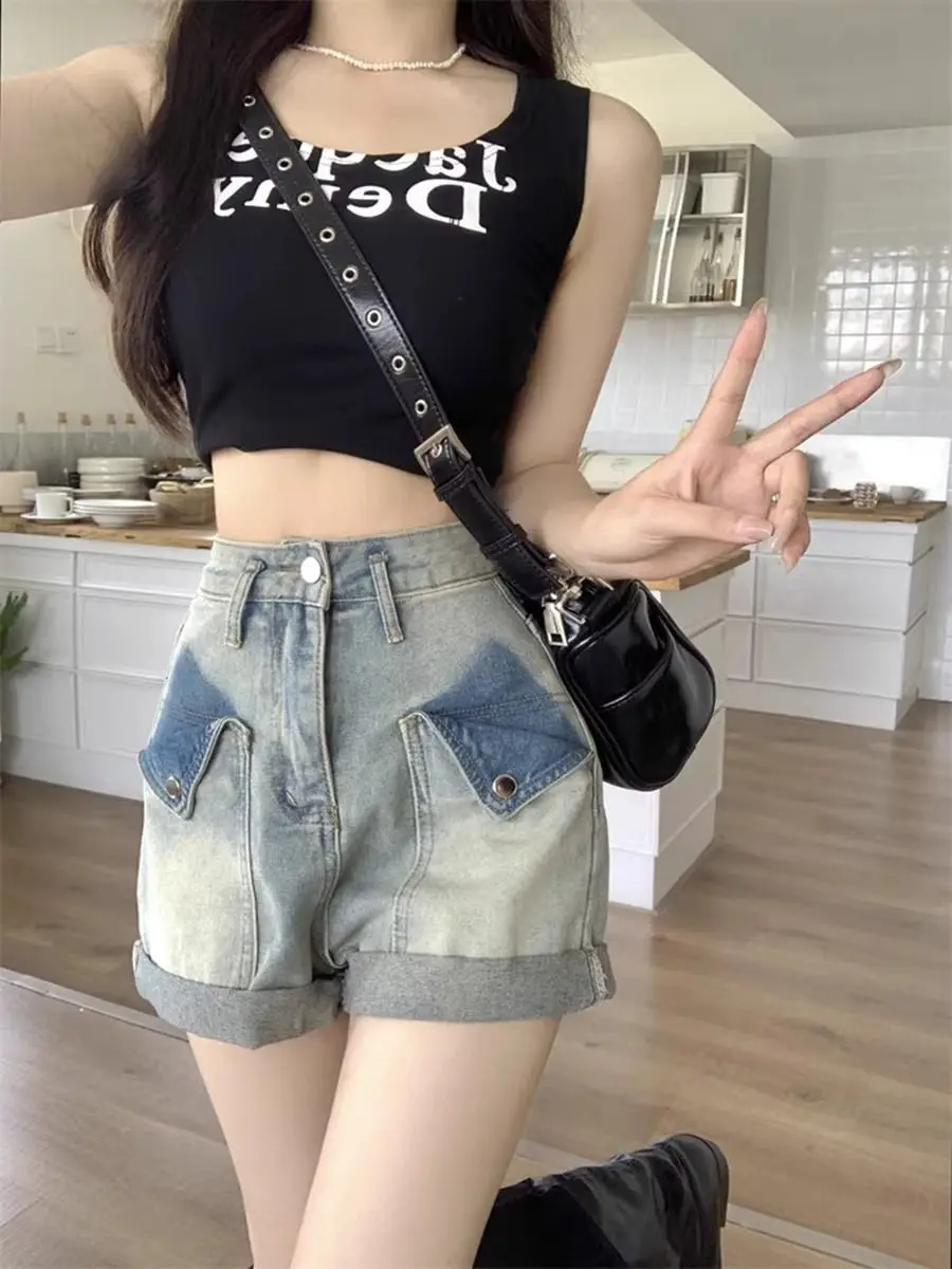 Denim shorts dames zakken patchwork gekruld zomer hete meisjes Amerikaanse stijl vintage streetwear Instagram Y2k chique persoonlijkheid