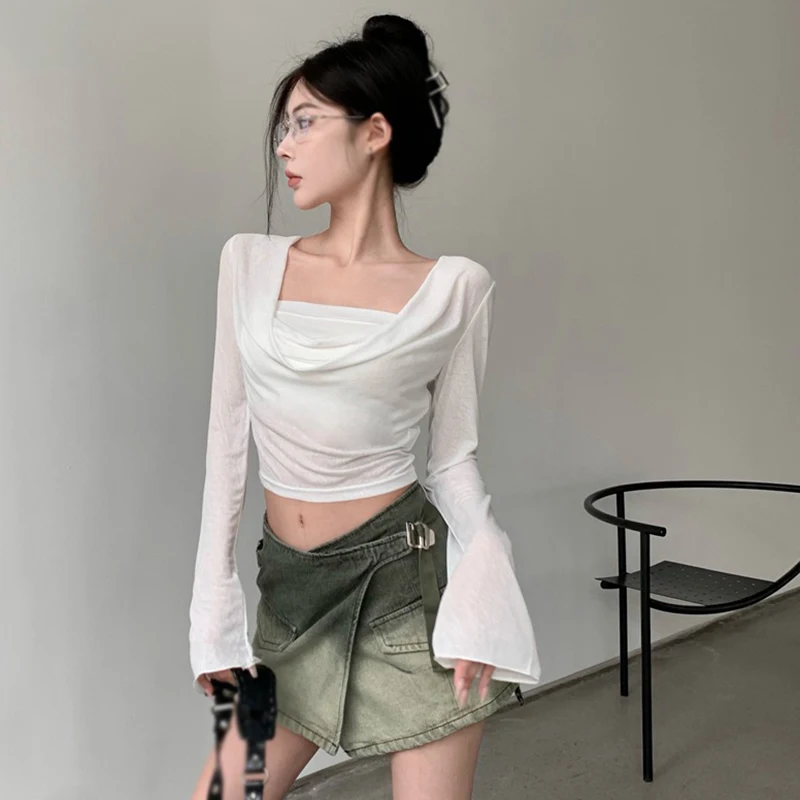 Deep Swinging Collar Women's Crop Top Hoodie Summer Long Sleeves T-Shirt UV Protection Thin Comfortable Polyester T-shirts