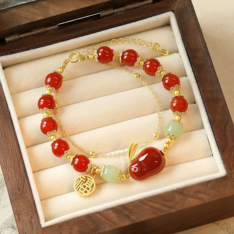 Southern Red tourmaline cute rabbit bracelet for women Natural Hotan Jade Exquisite double bead chain design bangles jewelry image 2