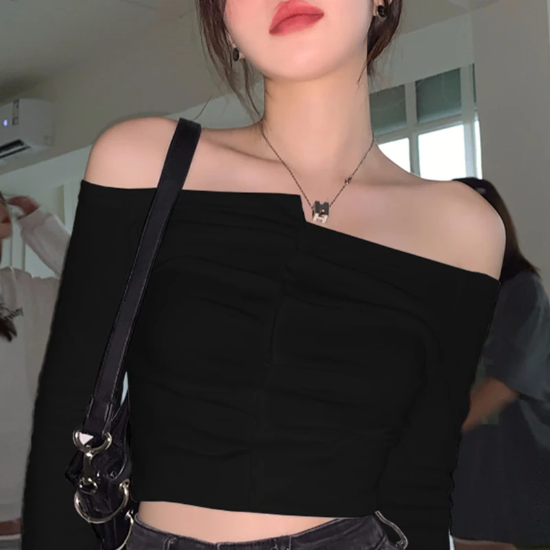 

Autumn Sexy Off-shoulder High Waist Short Bottoming Shirt Women's Long-sleeved T-shirt Design Top