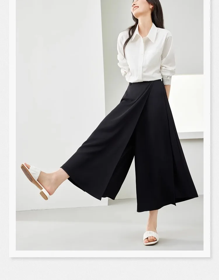 VIMLY Black Wide-Leg Pants 2026 Autumn Flowy Ankle-Length Side Zipper Detail Trousers Office Lady Commuter Fashion Bottoms A1738