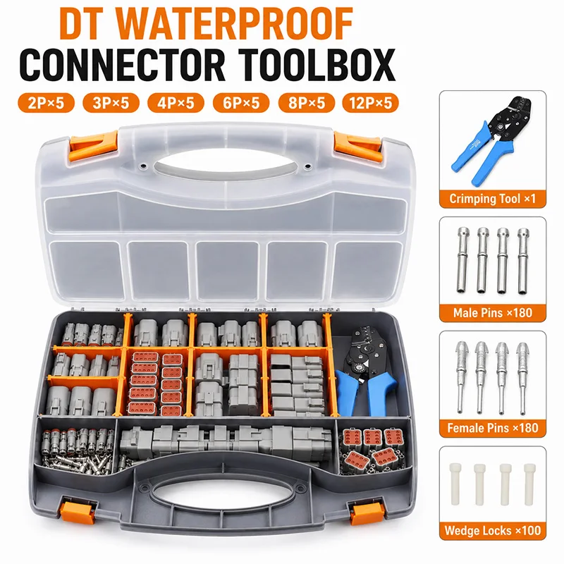 DT Series Waterproof Automotive Connector Assortment Kit 2 3 4 6 8 12 Pin Terminals Seals Repair Box with Crimping Pliers Set