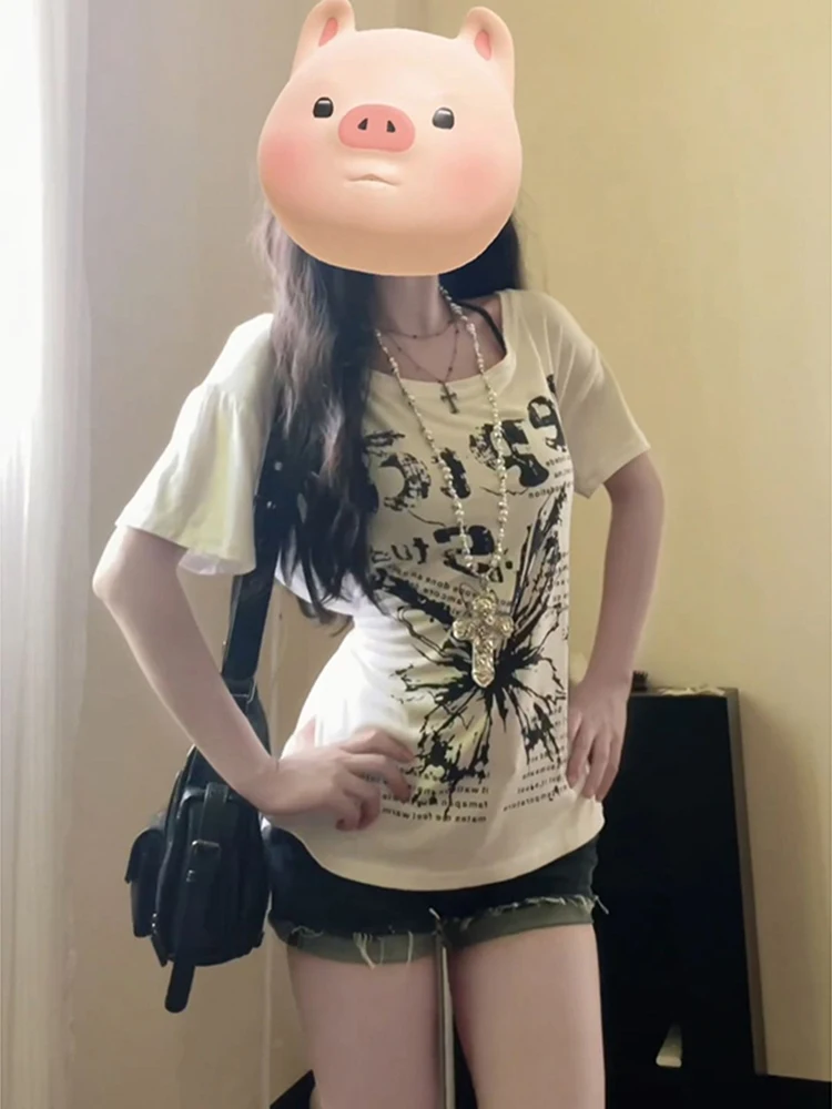 Summer Women's T-Shirt  Knot Print Asymmetrical Shoulder Short Sleeve plus Size Conceals Belly Flattering Loose Fit