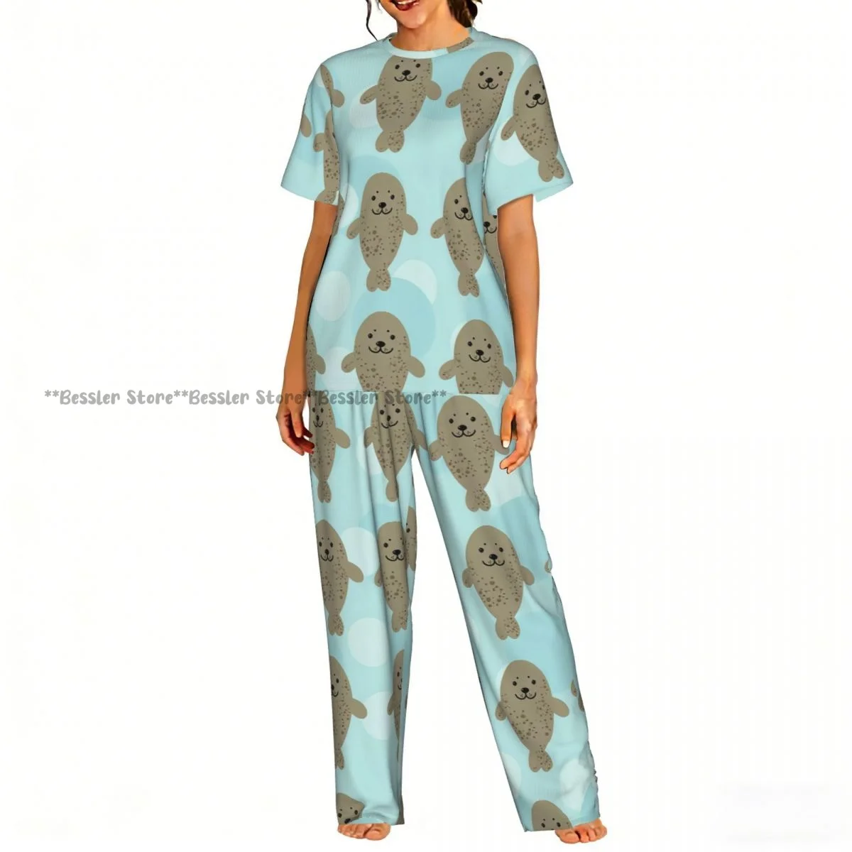 

Женский комплект пижамы с короткими рукавами и брюками с милым принтом морских животных (тюленей)