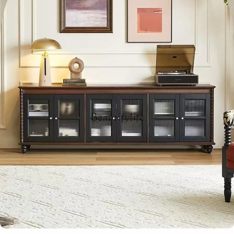 

French medieval solid wood TV cabinet living room retro light luxury TV cabinet