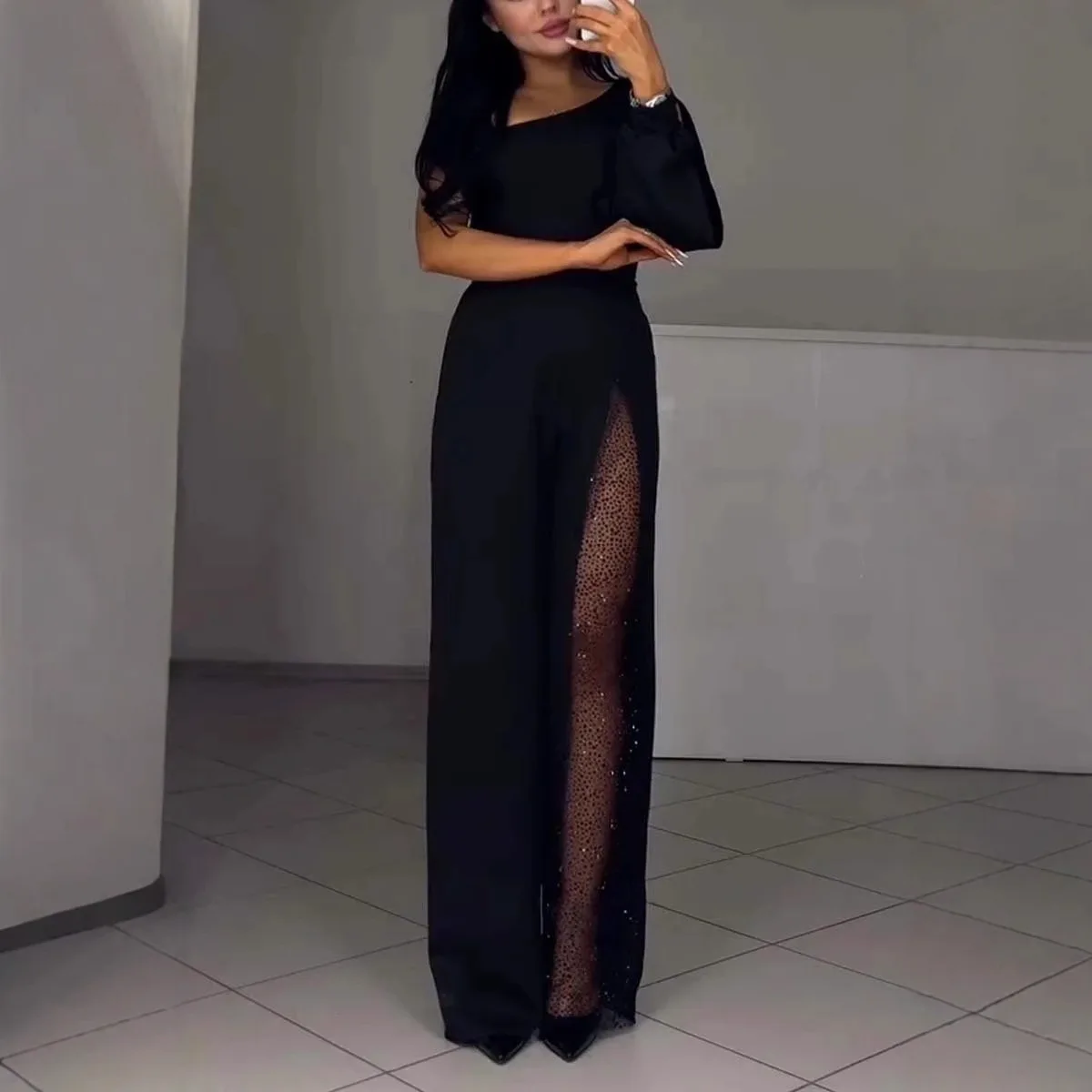 

Fashionable Sexy Shoulder High Split Women's Jumpsuit Micro Flared Pants mid Waist Thin Polyester Long Trousers Winter 2024