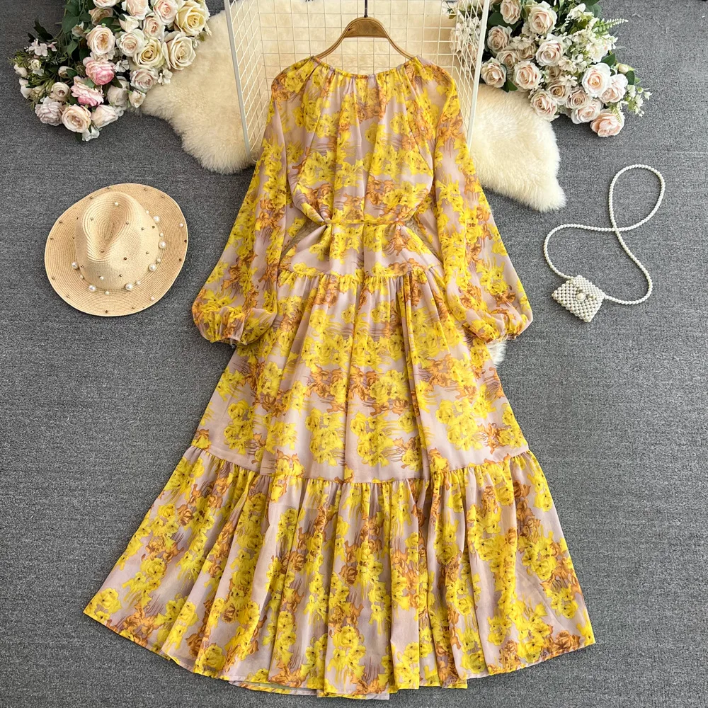 UNI rétro imprimé fleuri pansement robe élégante a-ligne lanterne manches décontracté à lacets taille haute robe femmes été