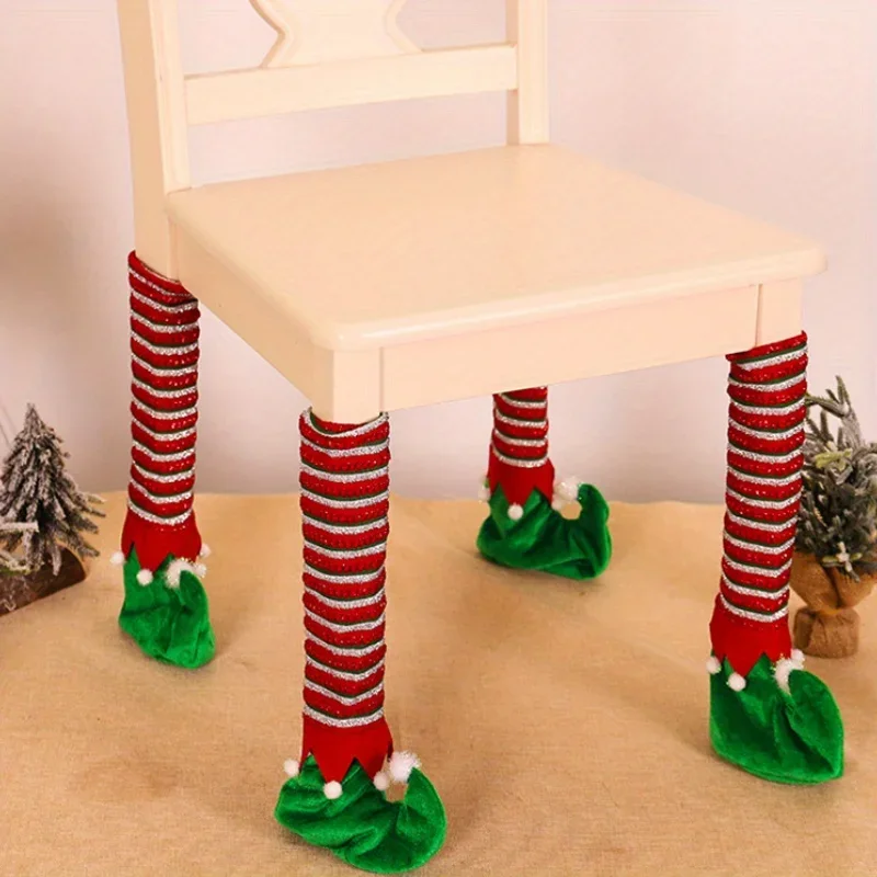 Hot Christmas Table Leg Cover Holiday Chair Stool Decor Cover Family Dining Christmas Decoration Striped Elf Table Foot Cover