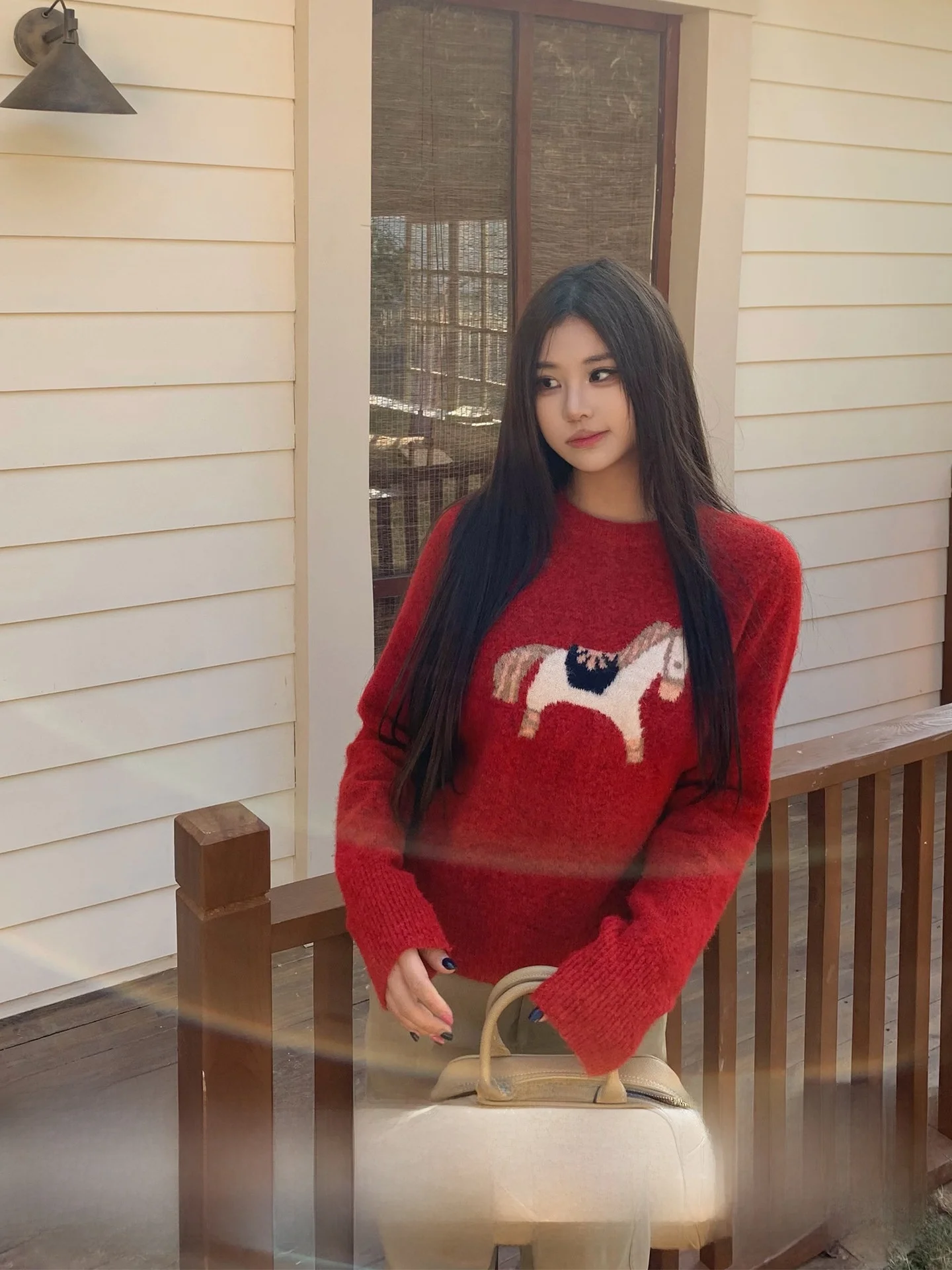 

Limited Time Offer Red Knitted Sweater Retro Style Long Sleeve round Neck Pullover Cartoon Animal Print Slim Fit Women'...
