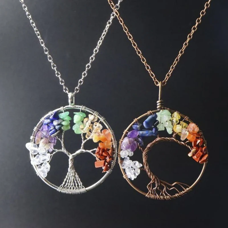 Seven Chakras Natural Crystal Rubble Tree of Life Wealth Pendant Reiki Healing Energy Necklace Holiday Gift Jewelry Decoration