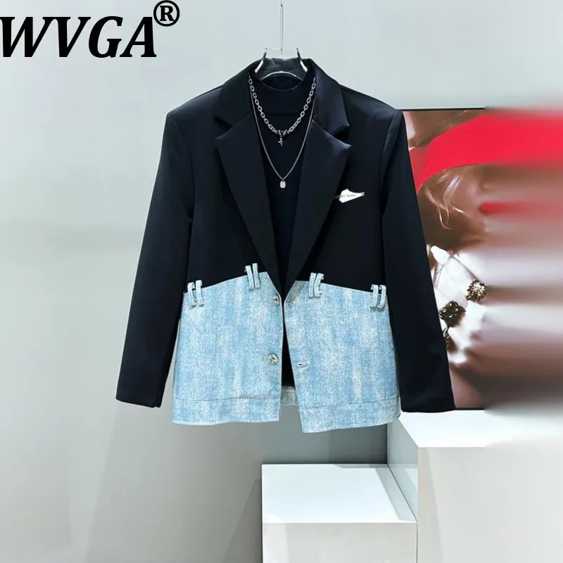 

WVGA Spring Autumn New Men Tide Starry Sky Diamond Denim Patchwork Blazer Niche Chic Casual Straight Pants Two-Piece Sets W15617