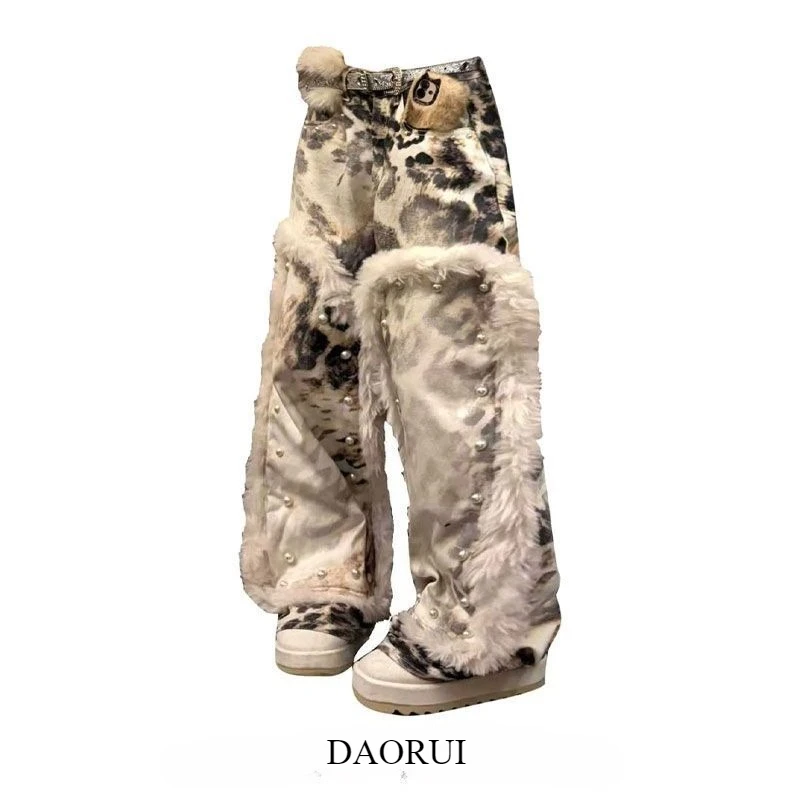 

Американские винтажные леопардовые джинсы полной длины, женская уличная одежда Y2k, ретро потертые лоскутные брюки в стиле панк, Новое поступление 2023 г.