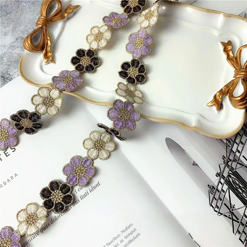 2CM Wide Luxury Polyester Embroidered Colored Flowers Lace Trim Ribbon Dress Collar Headwear Hats Bags Clothing DIY Sewing Decor