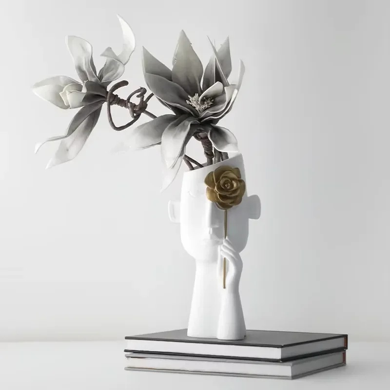 for Modern Nordic Creative Geometric Face Shaped Flower Pot Luxury Resin Ceramic Vase Transparent Glaze Home Decor Sculpture