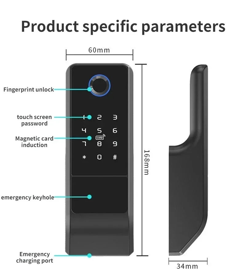 Fingerprint Gate Lock Tuya Wifi Outdoor TTlock Smart Door Lock Digital IC Card Rim Electronic Door Lock Suitable for Home Garden