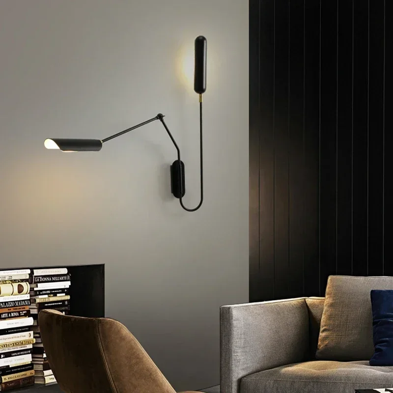 Modern Black Minimalist Wall Light Adjustable Long Arm Lamp for Bedroom Reading Bedside Lamps Living Room Wall Decor Lighting