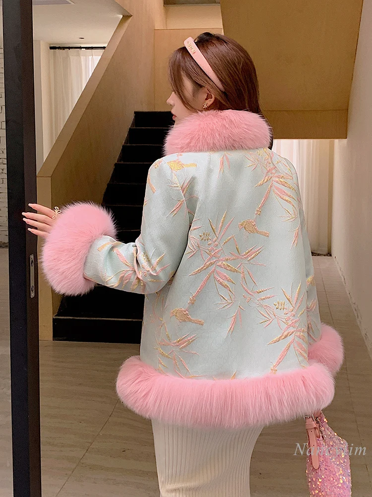 2023 New Chinese Style Buckle Imitation Fox Fur Coat Women\'s Fashion Embroidered Cape Coat Winter Party Daily Fur Coats Street