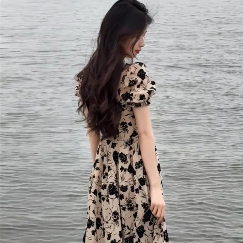 Dried Rose Hepburn Style Dress French High Waist Dress with Unique Design, Tea Break Floral Long Dress for Women