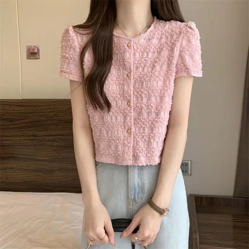 Short-sleeve Shirts Women Sweet Folds Fashion Summer Solid All-match Female Temperament Korean Style Tender Casual Aesthetic Ins