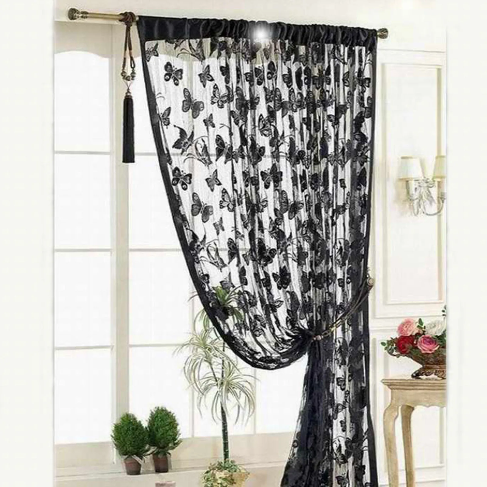 Macrame Curtain Black Butterfly Light Curtain Wall Hanging, Tapestry Door Hanging Room Partition Home Decoration Window Curtain