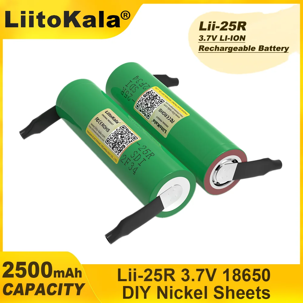 LiitoKala-rechargeable lithium battery, high capacity nickel battery, DIY, Lii-25R, 18650, 3.7 V, 2500mAh