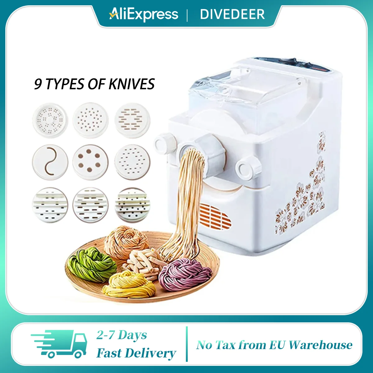 DIVEDEER Vollautomatischer Nudelmaker für den Heimgebrauch, Teigmixer mit Großer Kapazität, Teig-Misch- und Gärmaschine All-in-One