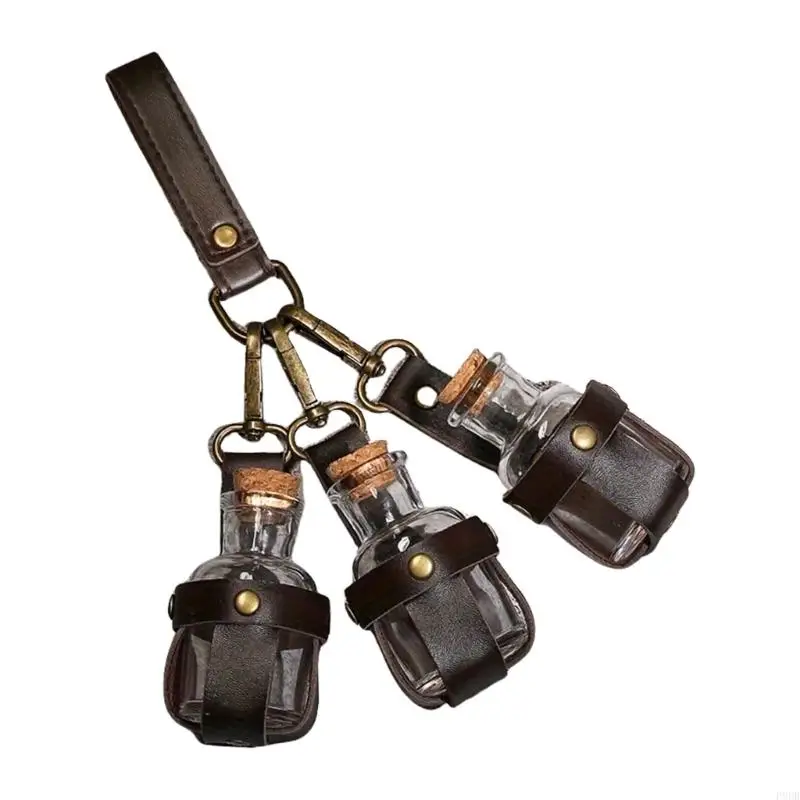 

P8DB Potion Bottle with Leather Holder Halloween Wizard Potion Glass Holder with Cork Stoppers Witch Costume Accessories