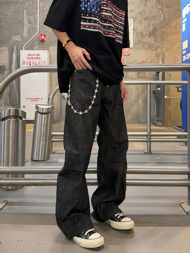 Calças Jeans Slim de Cintura Alta com Cinco Botões Estilo Americano Retro para Homens e Mulheres, Design Moderno, Calças Long...
