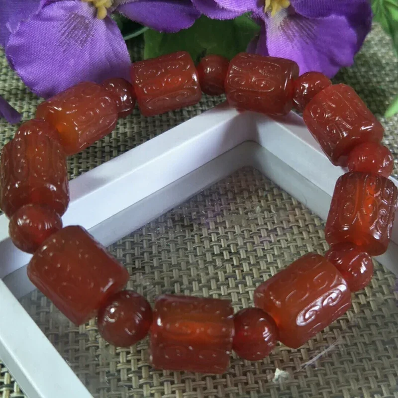 Natural Red Agate Fret Buckle Bead Jade Bracelet Jewellery Lucky Exorcise Evil Spirits Auspicious Amulet Fine Jade Jewelry