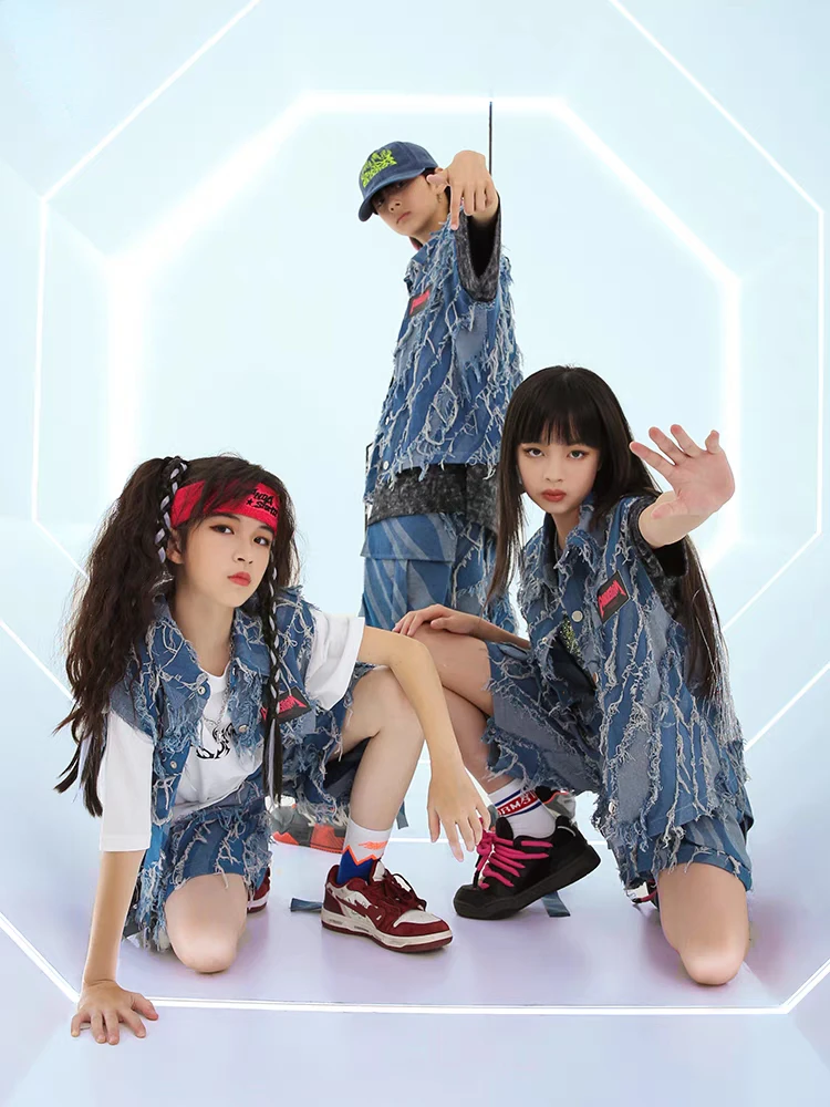Neue Hip Hop Street Dance Kleidung für Kinder Blau Denim Weste Shorts T-shirt Jungen Mädchen Jazz Performance Kostüm Teenager Bühne Outfits