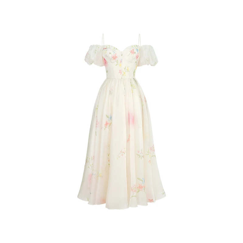 One Shoulder Bubble Sleeve Suspender Floral Dress Summer 2025 French Style Long Skirt Children Evening Dresses Elegantes Prom