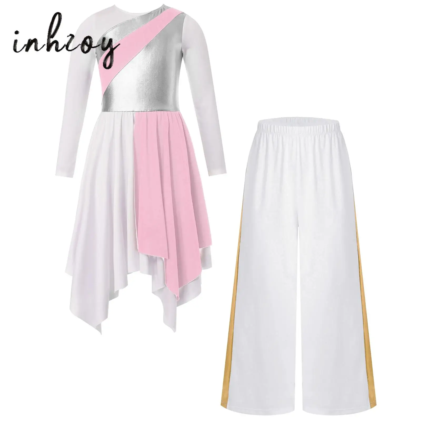 

Kids Girls Praise Lyrical Dance Dress Outfit Long Sleeve Metallic Contrast Asymmetrical Hem Dress+Wide-Leg Pants Church Costume