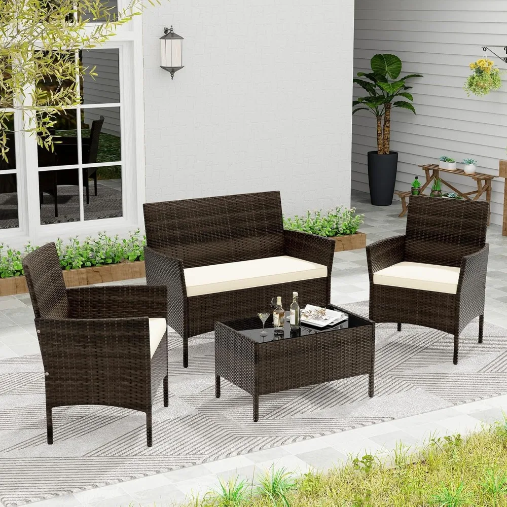 

4 Piece Patio Furniture Set, Outdoor Rattan Conversation Set with Loveseat, Wicker Chairs, Tempered Glass Coffee Table,