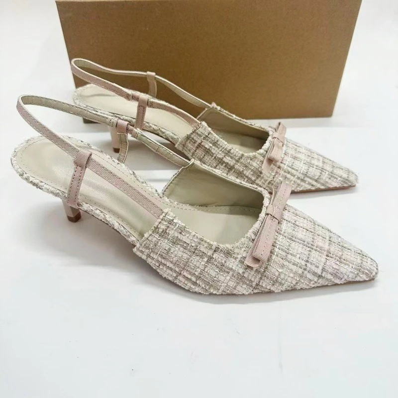 

2025 Women's Elegant Comfortable Tweed Plaid Slingback Pumps Bow Decor Thin Heels Pointed Toe Office Party Shoes